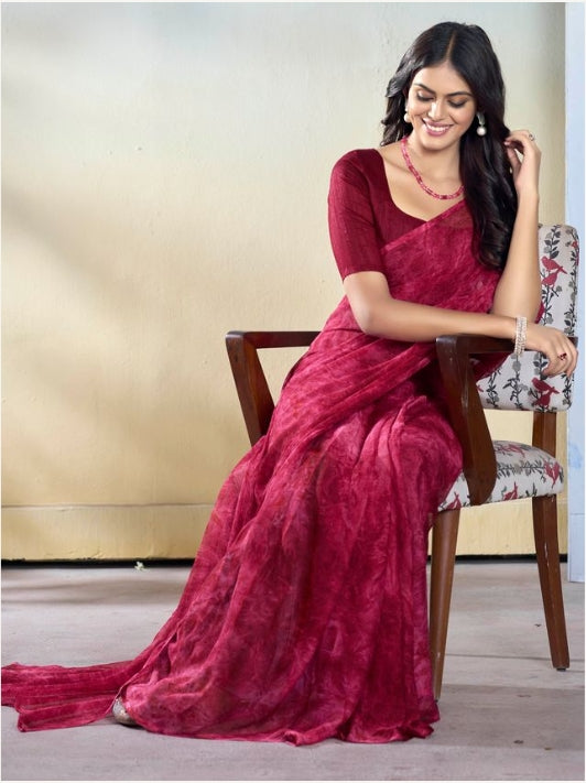 Royal Burgundy Georgette Ready-to-Wear Saree | Designer Printed Festive Ensemble