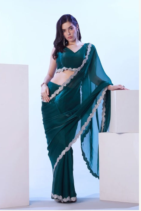 Teal Blue Satin Jimmy Choo Saree | Solid Designer Lace Party Wear Ensemble