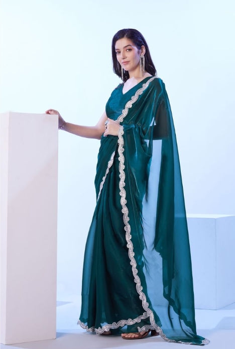 Teal Blue Satin Jimmy Choo Saree | Solid Designer Lace Party Wear Ensemble