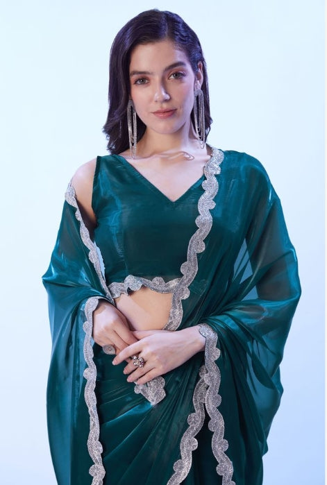 Teal Blue Satin Jimmy Choo Saree | Solid Designer Lace Party Wear Ensemble