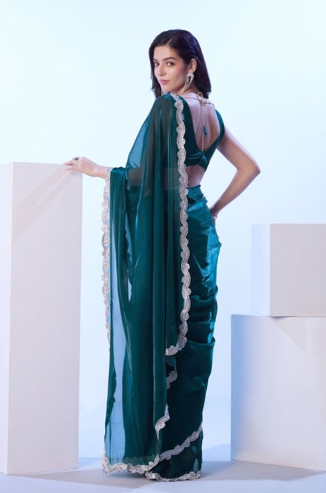 Teal Blue Satin Jimmy Choo Saree | Solid Designer Lace Party Wear Ensemble
