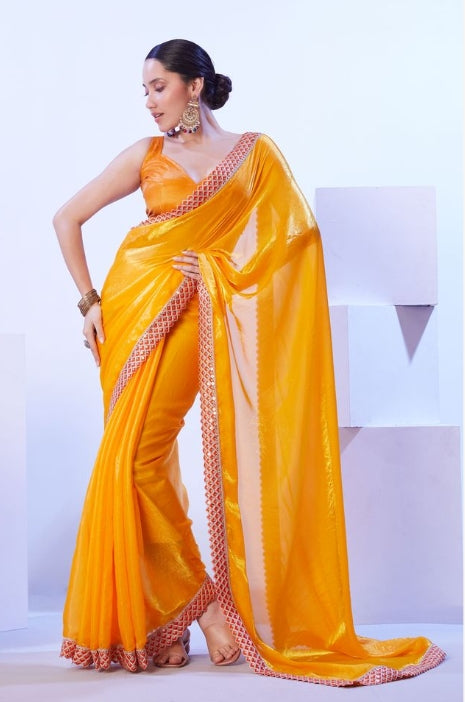 Radiant Yellow Satin Jimmy Choo Saree | Solid Designer Lace Party Wear Ensemble