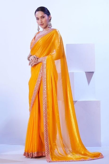 Radiant Yellow Satin Jimmy Choo Saree | Solid Designer Lace Party Wear Ensemble