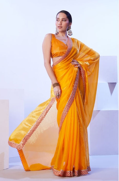 Radiant Yellow Satin Jimmy Choo Saree | Solid Designer Lace Party Wear Ensemble