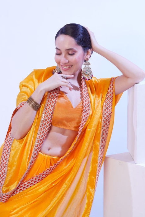 Radiant Yellow Satin Jimmy Choo Saree | Solid Designer Lace Party Wear Ensemble