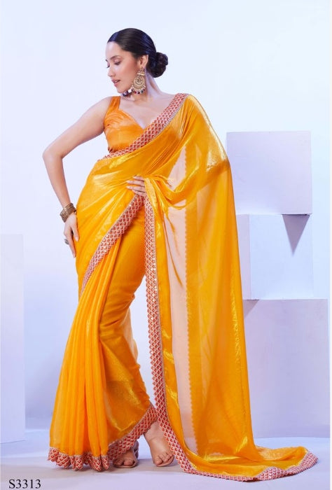 Radiant Yellow Satin Jimmy Choo Saree | Solid Designer Lace Party Wear Ensemble