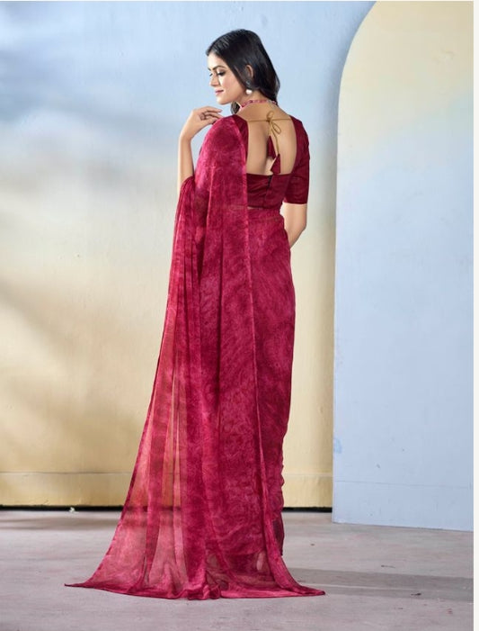 Royal Burgundy Georgette Ready-to-Wear Saree | Designer Printed Festive Ensemble