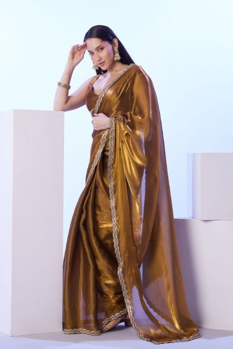 Luxurious Gold Satin Jimmy Choo Saree | Solid Designer Lace Party Wear Ensemble