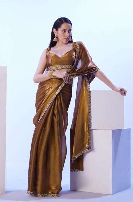Luxurious Gold Satin Jimmy Choo Saree | Solid Designer Lace Party Wear Ensemble