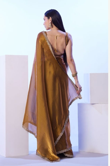 Luxurious Gold Satin Jimmy Choo Saree | Solid Designer Lace Party Wear Ensemble