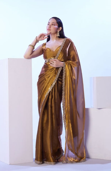 Luxurious Gold Satin Jimmy Choo Saree | Solid Designer Lace Party Wear Ensemble