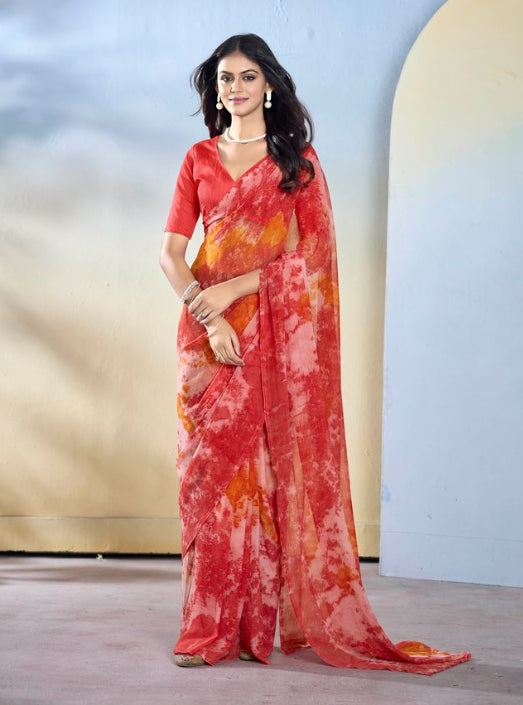 Classic Maroon Georgette Ready-to-Wear Saree | Designer Printed Festive Ensemble