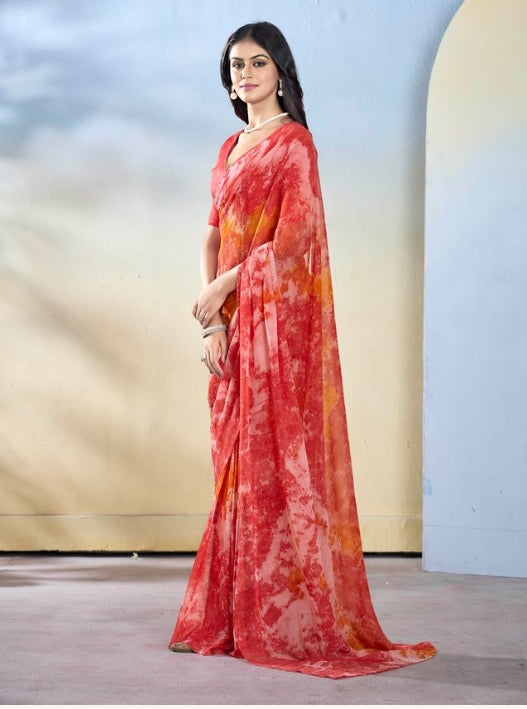 Classic Maroon Georgette Ready-to-Wear Saree | Designer Printed Festive Ensemble