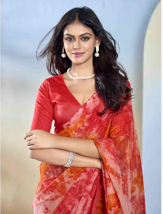 Classic Maroon Georgette Ready-to-Wear Saree | Designer Printed Festive Ensemble