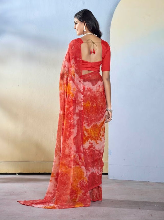 Classic Maroon Georgette Ready-to-Wear Saree | Designer Printed Festive Ensemble