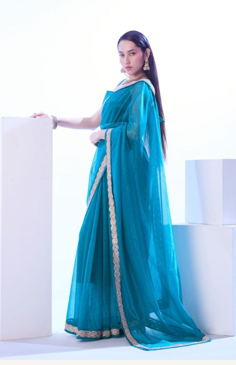 Serene Firozi C/H Net Saree | Solid Designer Lace Party Wear Ensemble