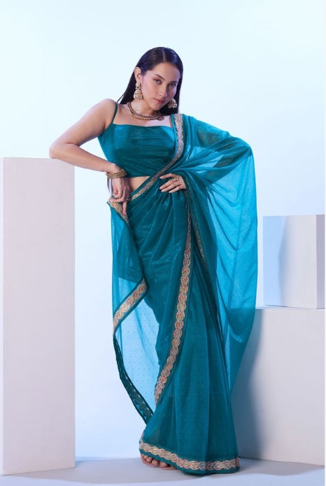 Serene Firozi C/H Net Saree | Solid Designer Lace Party Wear Ensemble
