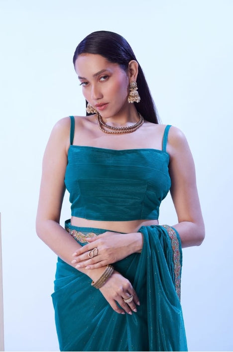 Serene Firozi C/H Net Saree | Solid Designer Lace Party Wear Ensemble