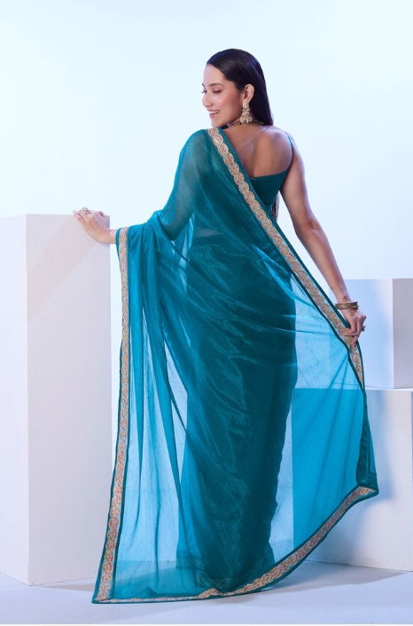 Serene Firozi C/H Net Saree | Solid Designer Lace Party Wear Ensemble