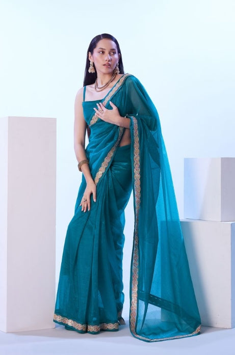 Serene Firozi C/H Net Saree | Solid Designer Lace Party Wear Ensemble