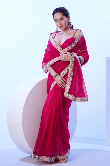 Delicate Pink C/H Net Saree | Solid Designer Lace Party Wear Ensemble