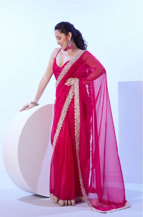 Delicate Pink C/H Net Saree | Solid Designer Lace Party Wear Ensemble