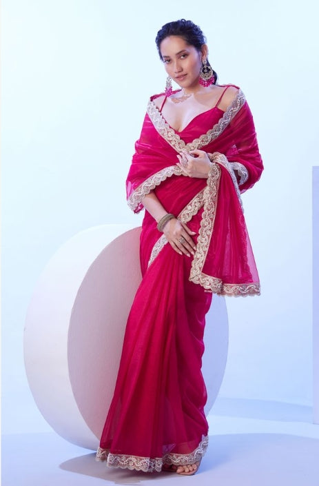 Delicate Pink C/H Net Saree | Solid Designer Lace Party Wear Ensemble