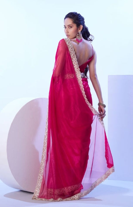 Delicate Pink C/H Net Saree | Solid Designer Lace Party Wear Ensemble