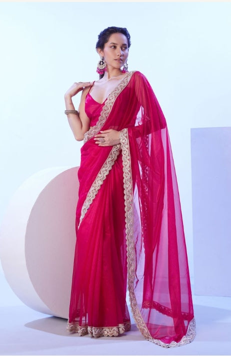 Delicate Pink C/H Net Saree | Solid Designer Lace Party Wear Ensemble