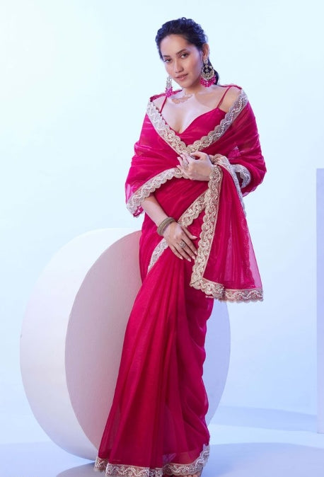 Delicate Pink C/H Net Saree | Solid Designer Lace Party Wear Ensemble
