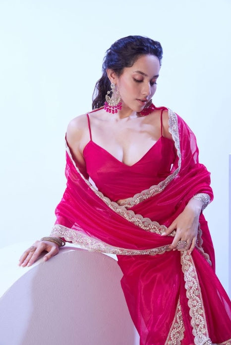 Delicate Pink C/H Net Saree | Solid Designer Lace Party Wear Ensemble