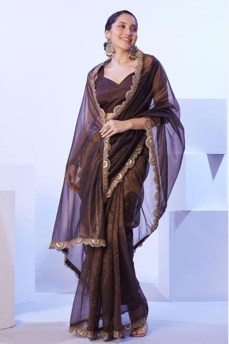 Earthy Brown C/H Net Saree | Solid Designer Lace Party Wear Ensemble