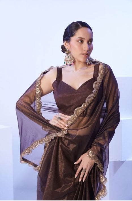 Earthy Brown C/H Net Saree | Solid Designer Lace Party Wear Ensemble
