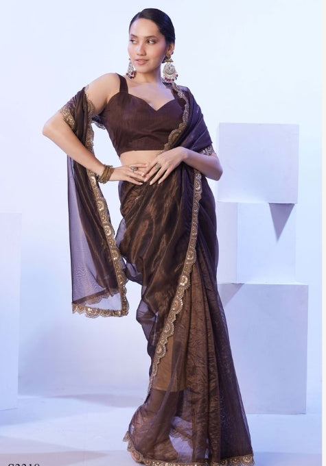 Earthy Brown C/H Net Saree | Solid Designer Lace Party Wear Ensemble