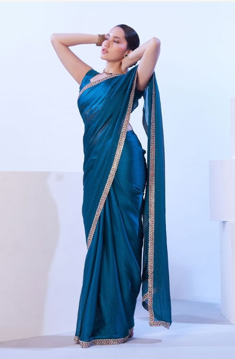 Tranquil Firozi Satin Chiffon Saree | Solid Designer Lace Party Wear Ensemble