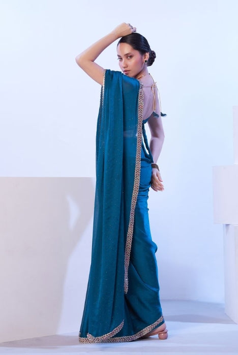 Tranquil Firozi Satin Chiffon Saree | Solid Designer Lace Party Wear Ensemble