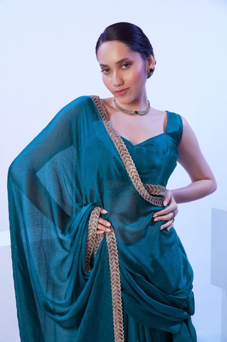 Tranquil Firozi Satin Chiffon Saree | Solid Designer Lace Party Wear Ensemble