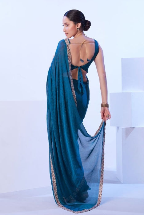 Tranquil Firozi Satin Chiffon Saree | Solid Designer Lace Party Wear Ensemble