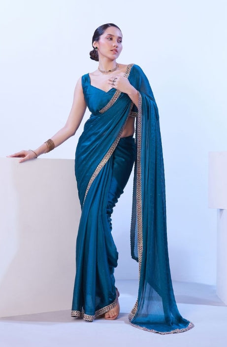 Tranquil Firozi Satin Chiffon Saree | Solid Designer Lace Party Wear Ensemble