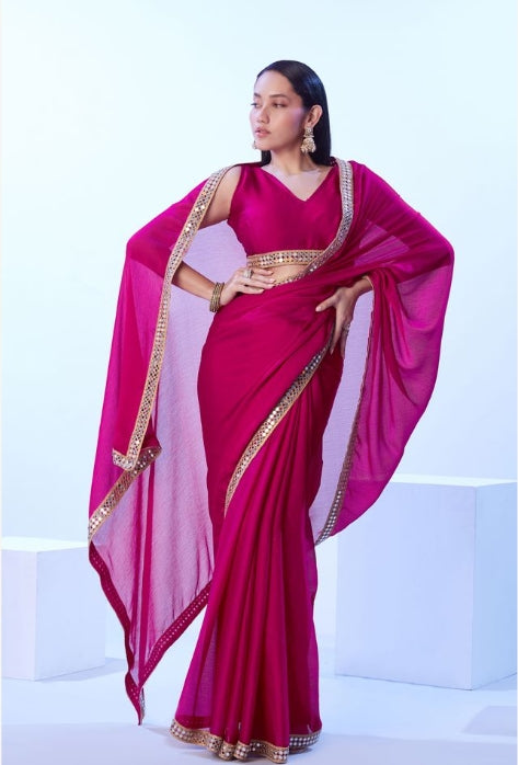 Blushing Pink Satin Chiffon Saree | Solid Designer Lace Party Wear Ensemble