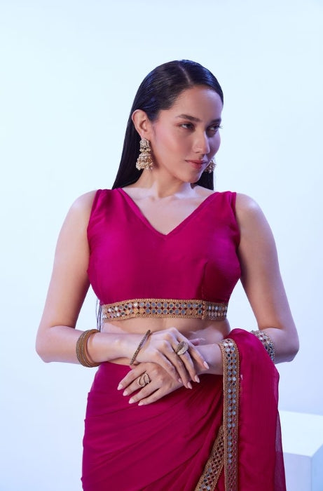 Blushing Pink Satin Chiffon Saree | Solid Designer Lace Party Wear Ensemble