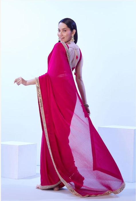 Blushing Pink Satin Chiffon Saree | Solid Designer Lace Party Wear Ensemble