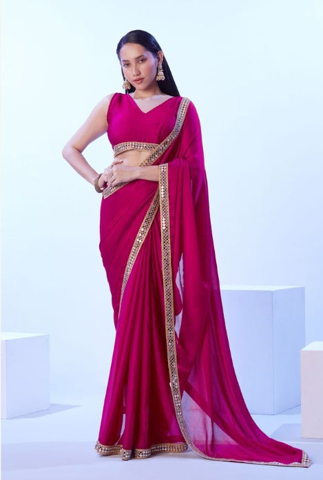 Blushing Pink Satin Chiffon Saree | Solid Designer Lace Party Wear Ensemble