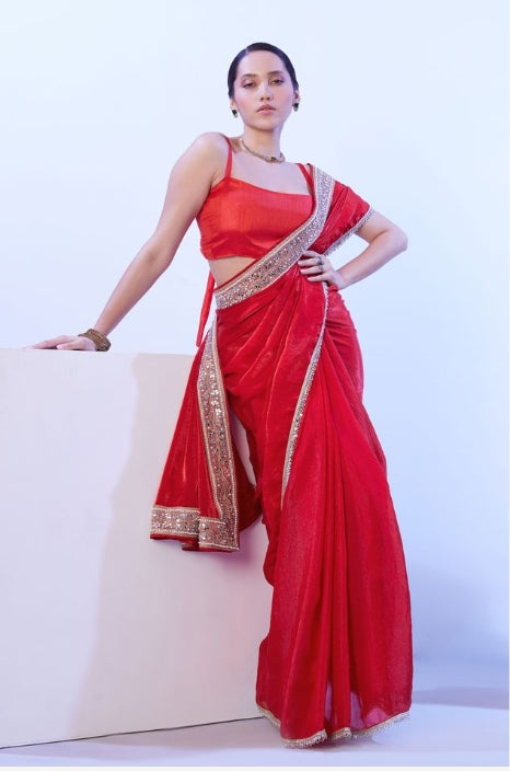 Passionate Red Satin Jimmy Choo Saree | Solid Designer Lace Party Wear Ensemble