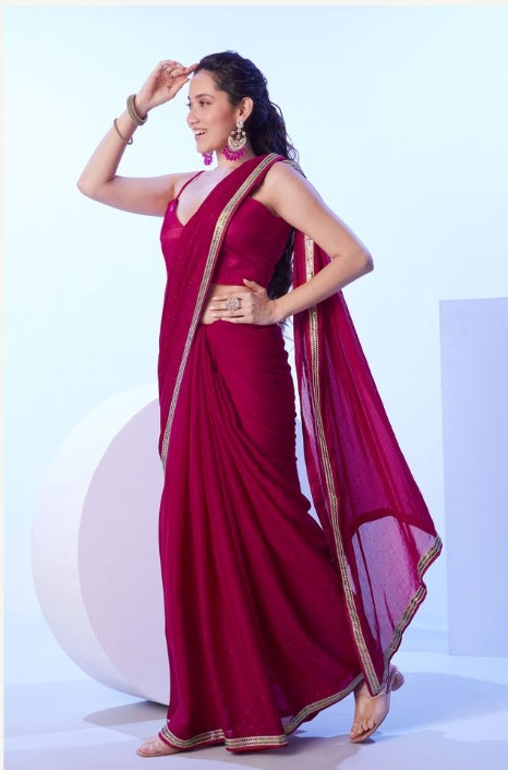 Blushing Pink Satin Chiffon Saree | Solid Designer Lace Party Wear Ensemble