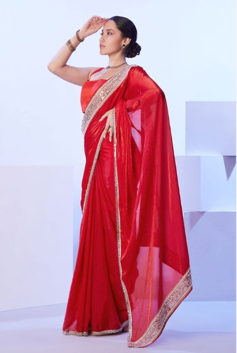 Passionate Red Satin Jimmy Choo Saree | Solid Designer Lace Party Wear Ensemble