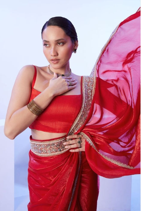 Passionate Red Satin Jimmy Choo Saree | Solid Designer Lace Party Wear Ensemble