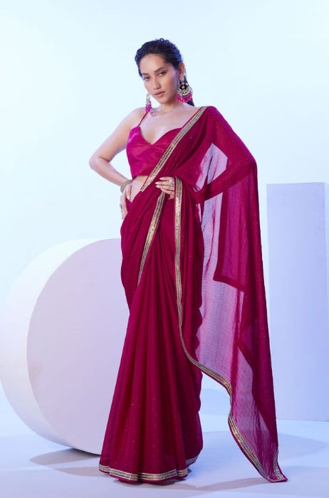 Elegant Pink Satin Moss Saree | Solid Designer Lace Party Wear Ensemble