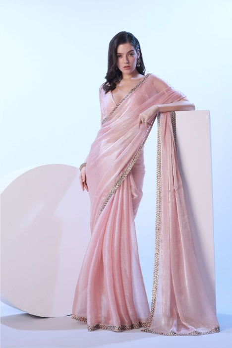 Delicate Baby Pink Burberry Saree | Solid Designer Lace Party Wear Ensemble