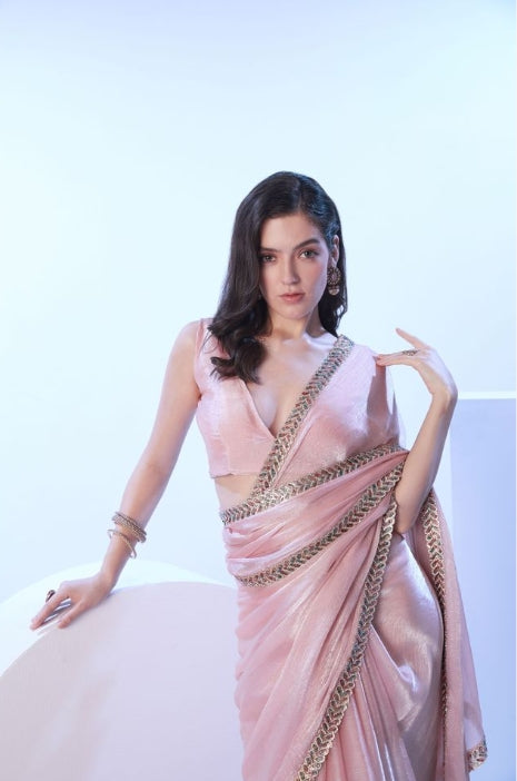 Delicate Baby Pink Burberry Saree | Solid Designer Lace Party Wear Ensemble